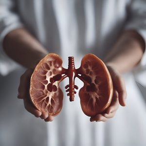Female doctor holding human kidney model in her hands. closeup v