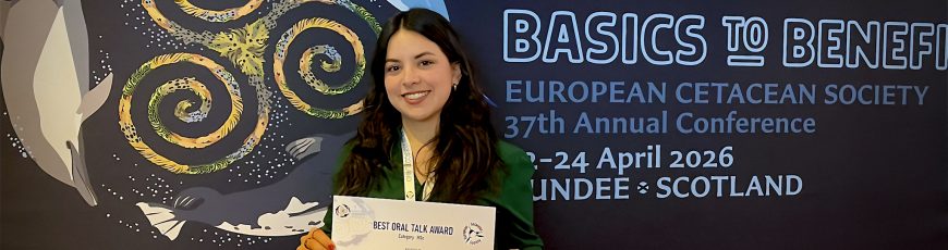 Cinthia Velazquez, egresada del CICESE, ganó en congreso europeo por estudio de aminoácidos en delfín común